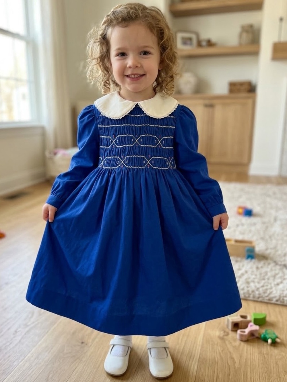 Vintage Handmade Smocked Blue Dress Peter Pan Collar Heirloom 2T 3T